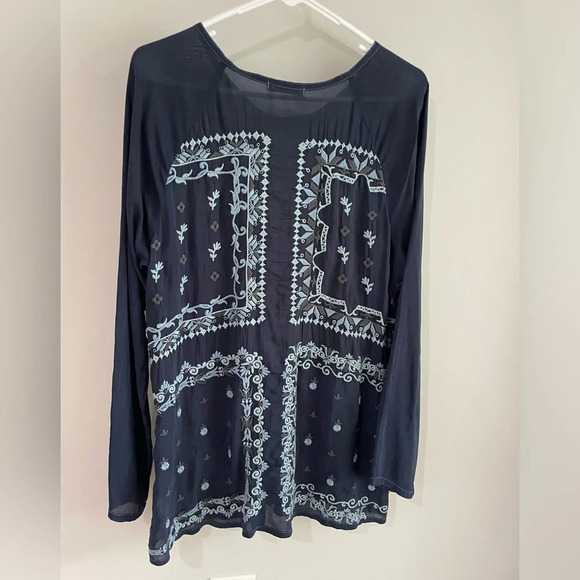 Johnny Was Blue Floral Embroidered Long Sleeve Tunic Blouse - Size Small - Picture 7 of 9